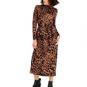 INC Womens Knit Animal Print Belted Midi Dress Long Sleeves size Small